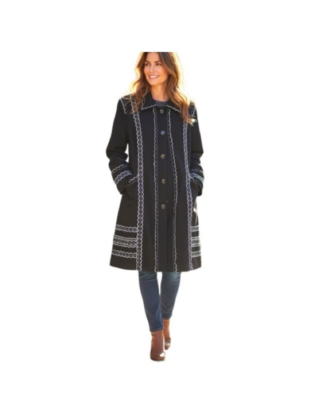 Simon Chang Black Trench Coat Taillored Wool Blend White Embroidery *Small Sz 14